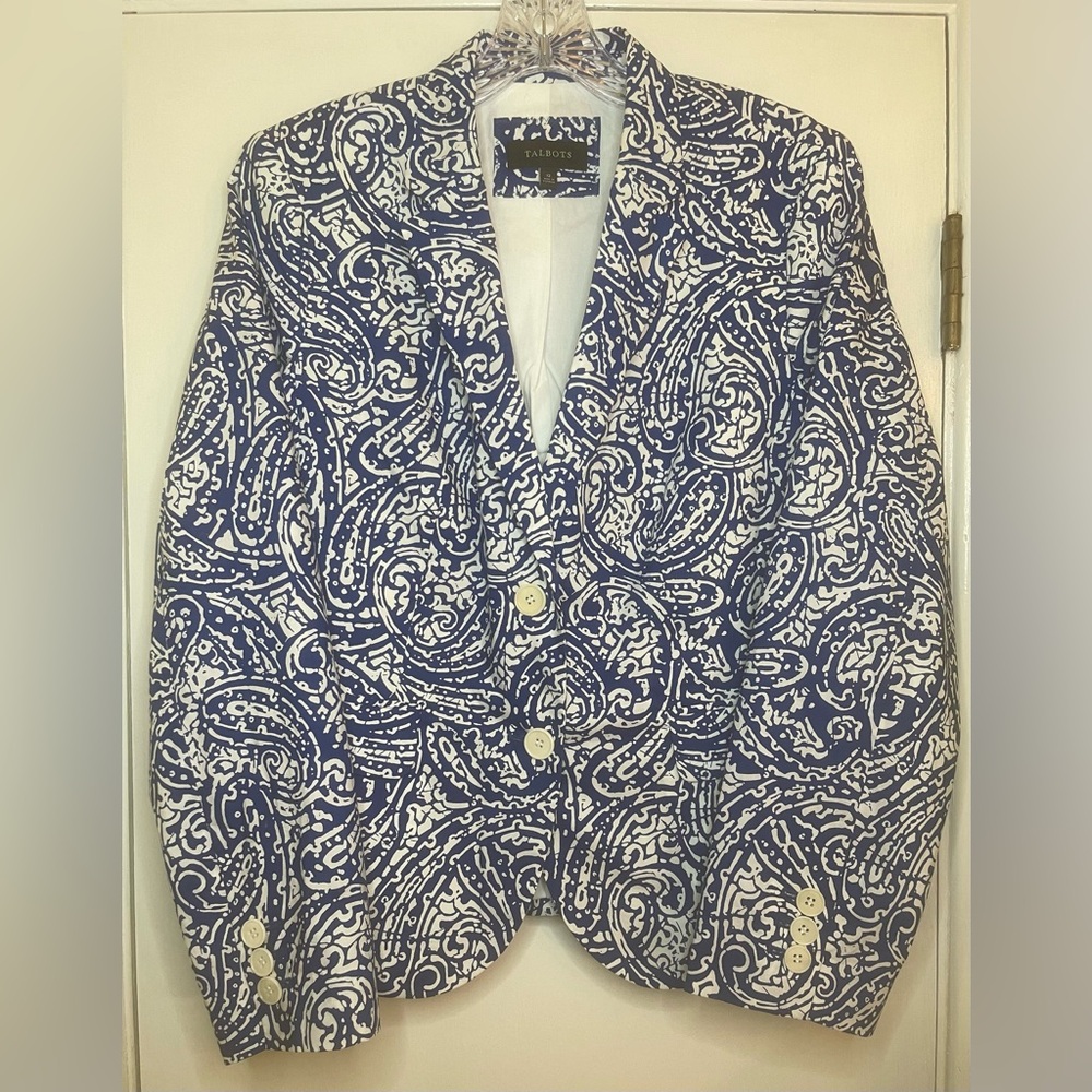 Talbots Blue and White Batik Paisley Print Cotton Blazer - Size 12